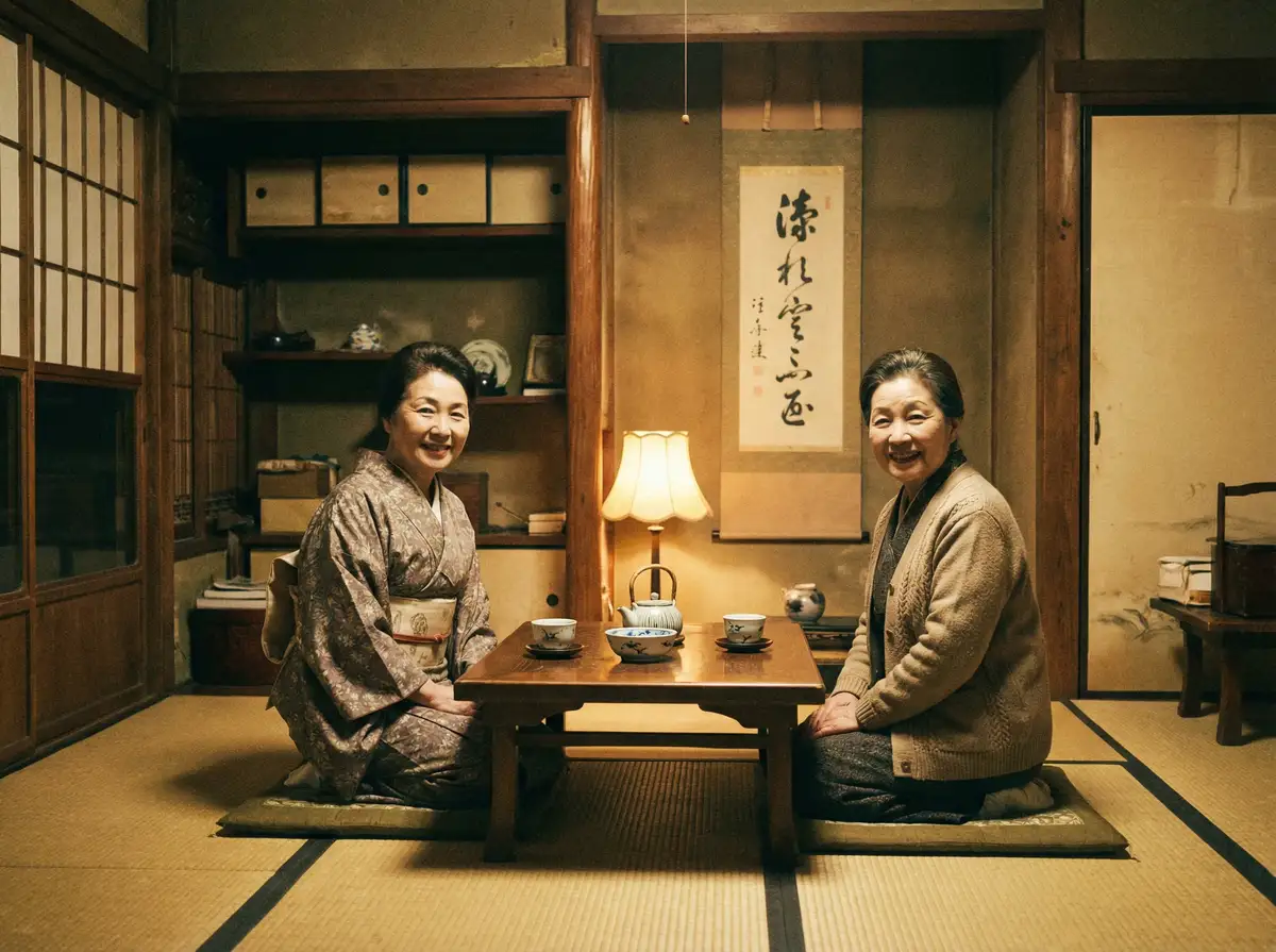 两位优雅的 后庭 在日式茶室中品茶交谈